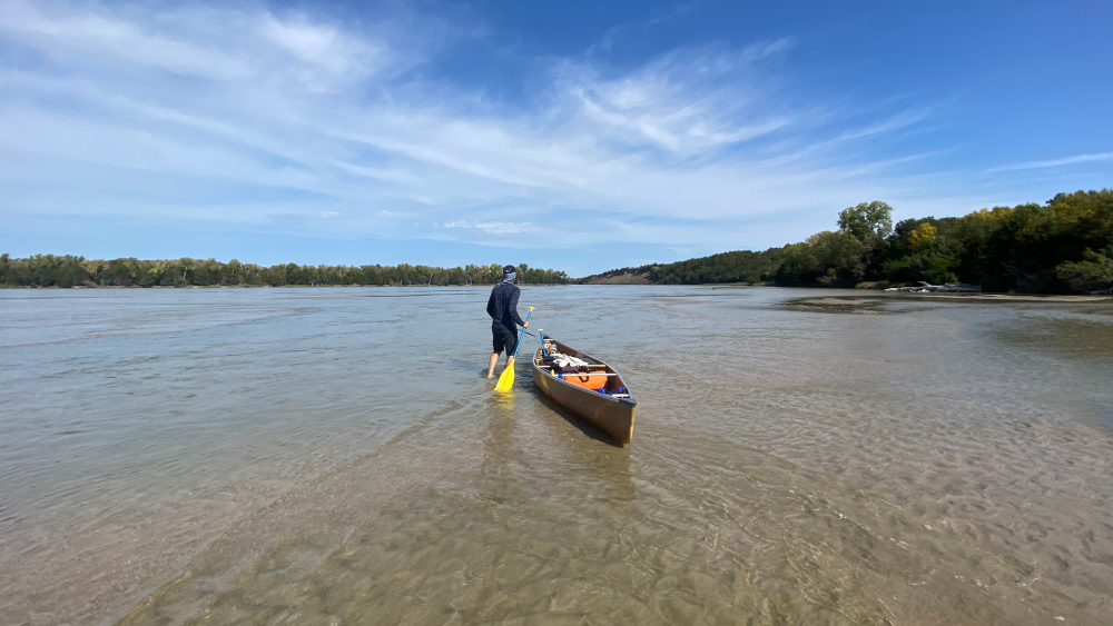 A person with a canoe wading into a calm river