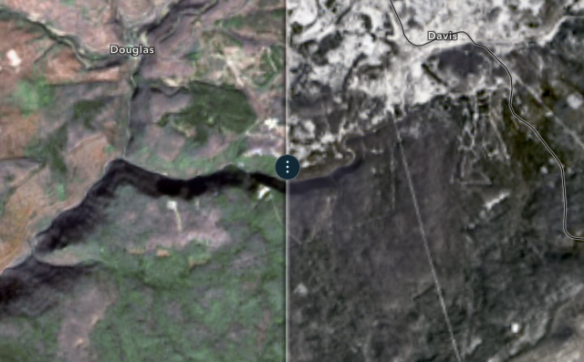 Satellite views of West Virginia showing fall foliage vs winter snows