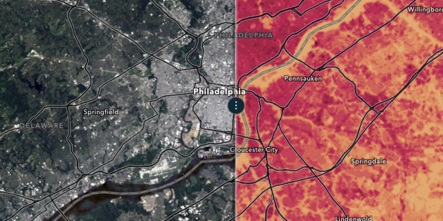 Satellite views of Philadelphia showing natural color (green forests, gray urban areas) vs thermal imagery (hot urban islands are in red, cooler parks and rivers are in yellow)
