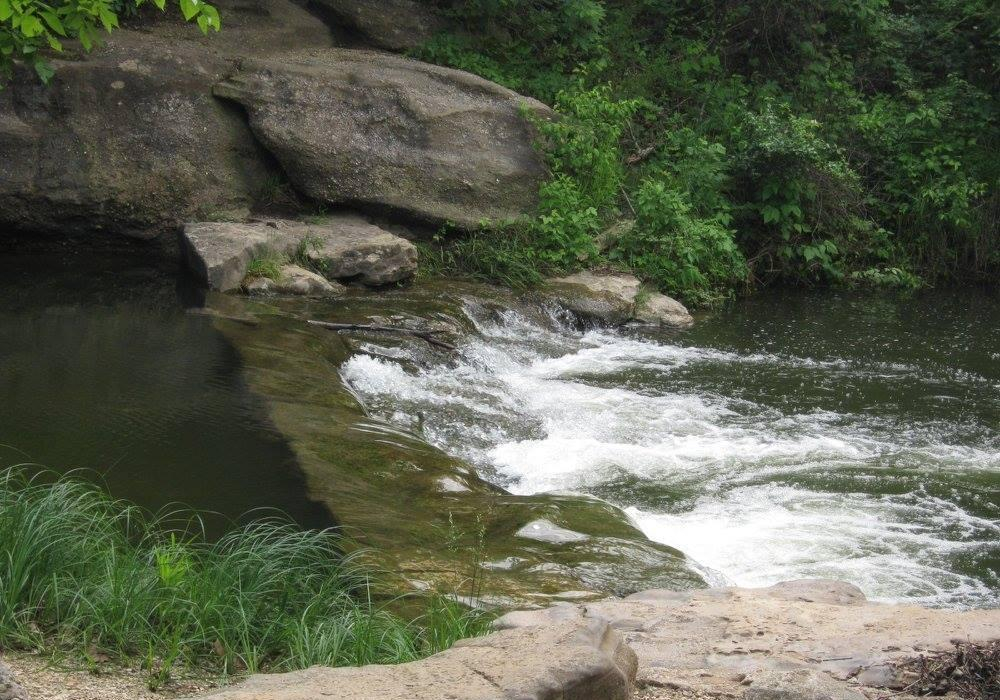 A low waterfall on a forested river