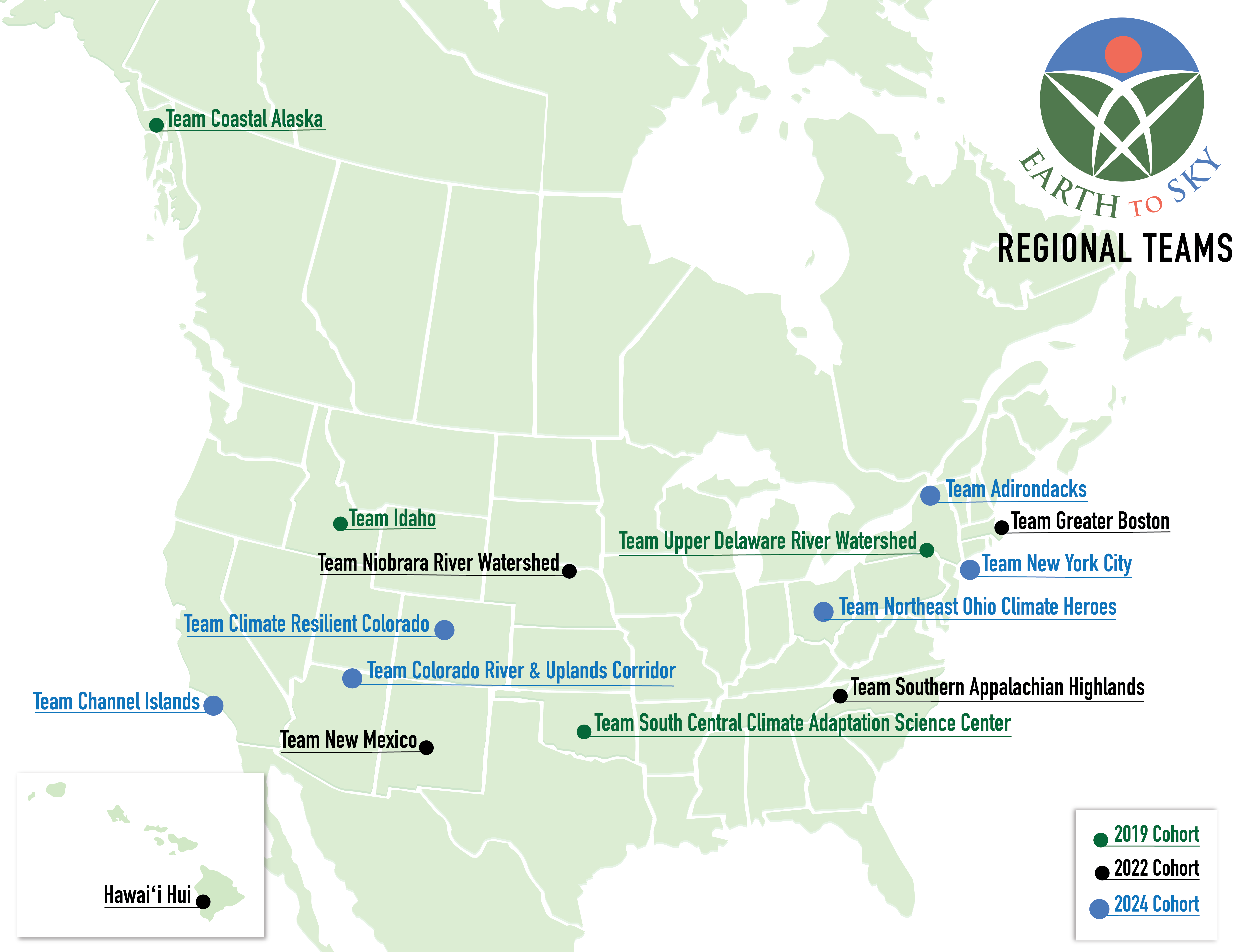 A green outline map of North America with fifteen teams marked, each with a dot and a label in a color that corresponds to their cohort. Four of them are in the 2019 cohort, five in the 2022 cohort, and six in the 2024 cohort.