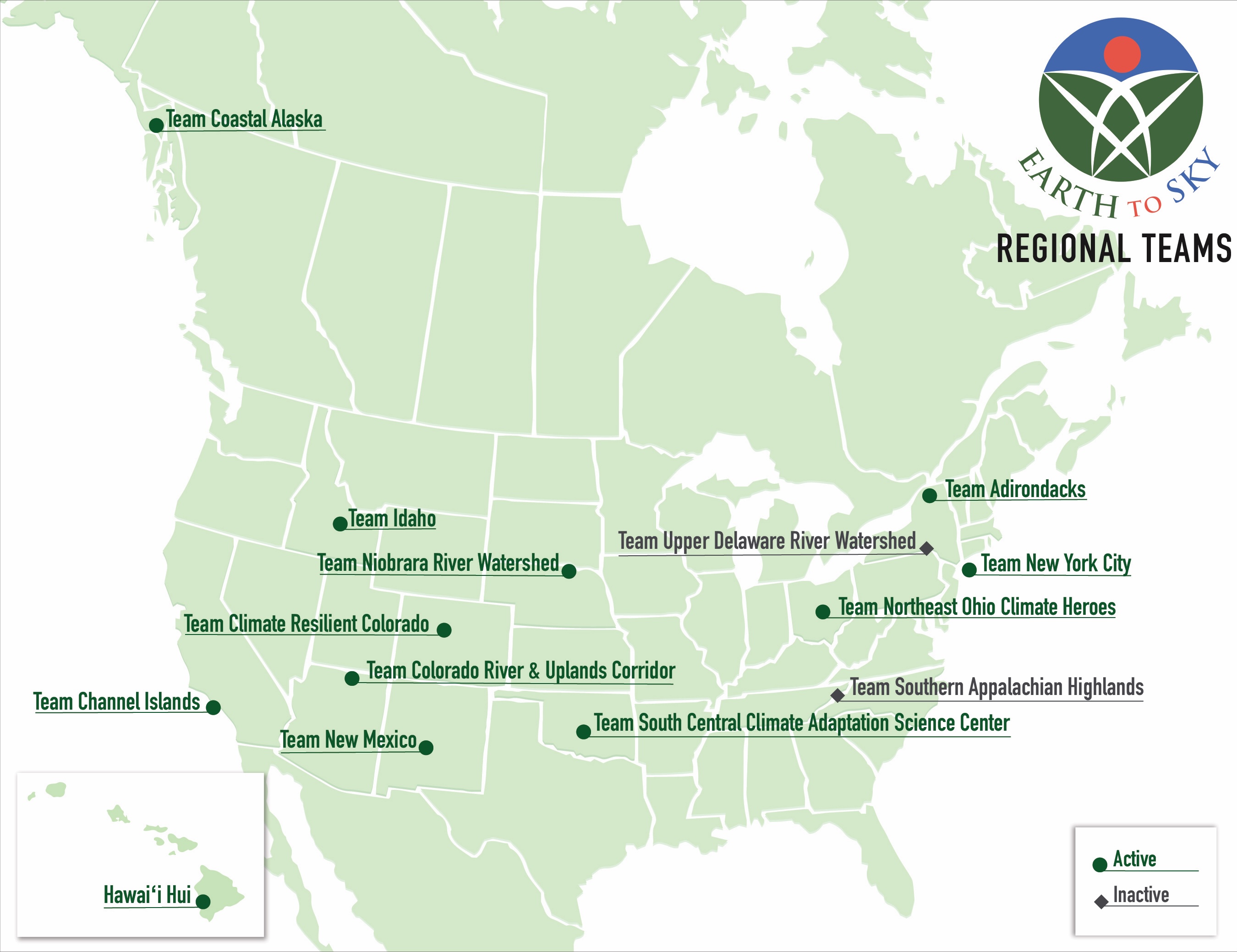 Map of North America showing dots with location of regional teams